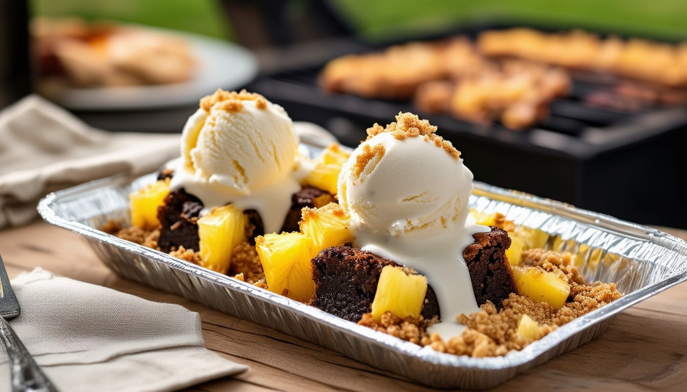 BBQ Toetje | Brownies met ananas en witte chocoladesaus